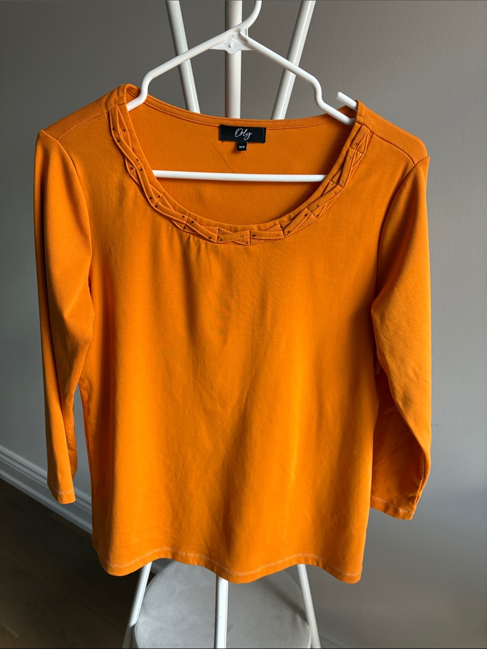Chico's Orange Scoop Neck Long Sleeve Top with Trim Detail